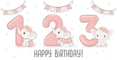 Sammlung süßer Elefantenmädchen - alles Gute zum Geburtstag, 1,2,3 Jahre. Vektor-Illustration einer Karikatur. vektor