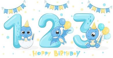 set med 3 söta blå dinosaurier - grattis på födelsedagen, 1,2,3 år. vektor illustration av en tecknad film.