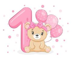 eine Illustration aus dem Cartoon - alles Gute zum Geburtstag, 1 Jahr, ein süßes kleines Bärenmädchen. Vektor-Illustration. vektor