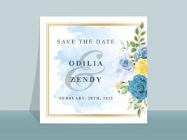 Hochzeitseinladungskarte mit schönen blauen und gelben Blumen vektor