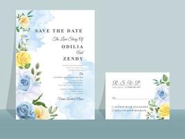 bröllopsinbjudningskort med vackra blå och gula blommor vektor