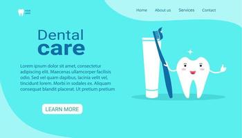 mall för målsida för tandvårdsklinikens webbplats. en frisk glänsande tand rymmer en tandborste och tandkräm. dental banner. barns tandvård. platt vektorillustration. vektor