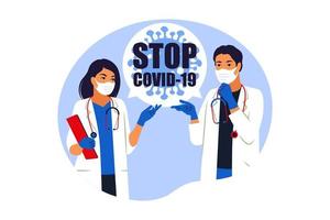 stoppa covid19-viruset. ny stam av coronavirus. praktiserande unga läkare konsulterar och diagnostiserar. vektor illustration. platt.