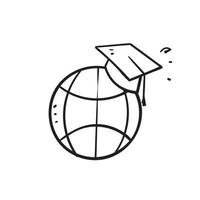 handritad doodle globe och examen hatt symbol för internationell utbildning online ikon vektor