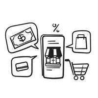 handgezeichnetes mobiles Smartphone mit Shop-App. Online-Shopping-Konzept in Doodle vektor