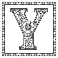 Buchstabe y aus Blumen im Mehndi-Stil. Malbuchseite. Umreißen Sie Hand-Draw-Vektor-Illustration. vektor