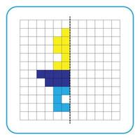 bild reflektion pedagogiskt spel för barn. lära dig att fylla i symmetriarbetsblad för förskoleverksamhet. målarbilder, visuell perception och pixelkonst. avsluta nappen. vektor