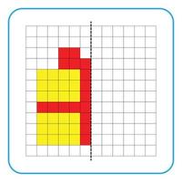 bild reflektion pedagogiskt spel för barn. lära dig att fylla i symmetriarbetsblad för förskoleverksamhet. målarbilder, visuell perception och pixelkonst. avsluta presentförpackningen med rött band. vektor