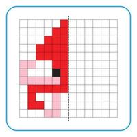 Bildreflexion Lernspiel für Kinder. lernen, Symmetrie-Arbeitsblätter für Vorschulaktivitäten auszufüllen. Ausmalen von Rasterseiten, visuelle Wahrnehmung und Pixelkunst. vervollständigen Sie das rote Tintenfischbild. vektor