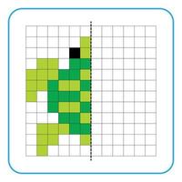 Bildreflexion Lernspiel für Kinder. lernen, Symmetrie-Arbeitsblätter für Vorschulaktivitäten auszufüllen. Ausmalen von Rasterseiten, visuelle Wahrnehmung und Pixelkunst. vervollständigen Sie das Bild der grünen Schildkröte. vektor