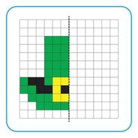 Bildreflexion Lernspiel für Kinder. lernen, Symmetrie-Arbeitsblätter für Vorschulaktivitäten auszufüllen. Ausmalen von Rasterseiten, visuelle Wahrnehmung und Pixelkunst. vervollständigen Sie das Hutbild. vektor