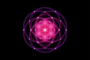Saat des Lebens, heilige Geometrie, Blume des Lebens, leichtes Logo-Symbol für Harmonie und Gleichgewicht, leuchtende geometrische Ornamente, lila Lotusvektor einzeln auf schwarzem Hintergrund vektor