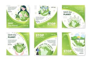 spara planet jorden postmall platt designmiljö med miljövänlig redigerbar illustration fyrkantig bakgrund till sociala medier eller gratulationskort vektor