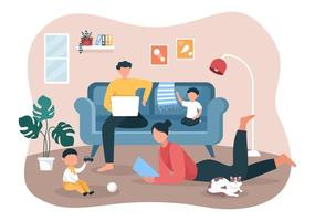 Familienzeit fröhlicher Eltern und Kinder, die Zeit zu Hause verbringen und verschiedene entspannende Aktivitäten in Cartoon-Flachillustration für Poster oder Hintergrund unternehmen vektor