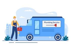 Klempnerservice mit Klempnerarbeitern Reparatur, Wartung zu Hause reparieren und Badezimmerausstattung in flacher Hintergrundillustration reinigen vektor