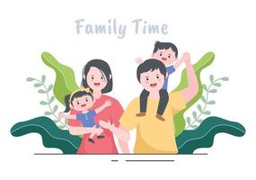 familjetid med glada föräldrar och barn som spenderar tid tillsammans hemma och gör olika avkopplande aktiviteter i tecknad platt illustration för affisch eller bakgrund vektor