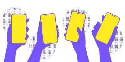 Hand, die trendige Vektorillustration des Smartphones für violettes und gelbes Farbkombinationsdesignmaterial hält vektor