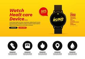 realistische Smartwatch für Social-Media-Posts, Webbanner-Infografik für Armbanduhren, elektronisches Sportgerät für die Gesundheit vektor
