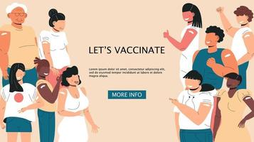 nach der Impfung Konzeptvektor. Coronavirus-Impfstoff-Unternehmen. Injektion in die Schulter war erfolgreich. mehrere Rassen von Frauen und Männern nach der Impfung. vektor