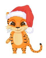 süßer Tigervektor. Frohes chinesisches neues jahr 2022 symbol. lustiges tigerkind mit großen augen und weihnachtsmütze. Weihnachtseinladung vektor