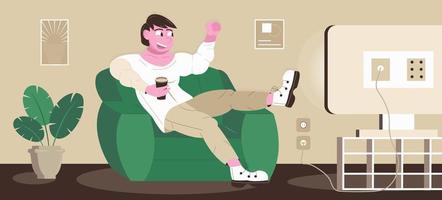 TV-tittande vektor. ung man sitter på soffan och tittar på tv, dricker. vektor