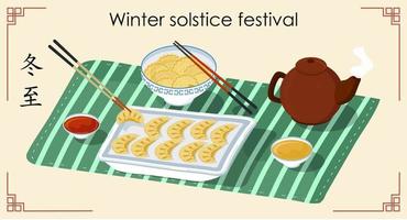 dongzhi traditionell kinesisk festival banner vektor. vintersolståndsfestival. söt soppa med och risbollar. kinesiska bokstäver betyder toppen av vintern. vektor