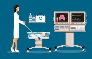 inkubator för spädbarn och neonatal intensivvård med lufttemperatur luftfuktighet syresensor för sjuka bebisar. neurologi koncept vektor. reanimering utrustning för ammande för tidigt födda vektor