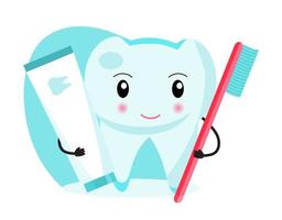 rolig tand håller en tandborste och tandkräm. folktandhygien månad, vecka, dag. tandvård koncept vektor