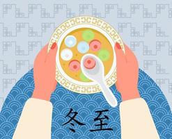 Dongzhi traditioneller chinesischer Festivalbannervektor. Fest der Wintersonnenwende. süße Suppe mit und Reisbällchen. Chinesische Buchstaben bedeuten den Höhepunkt des Winters. vektor