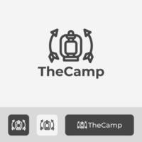 Vintage-Retro-Camping-Logo-Vorlage, Camping-Licht und Pfeilsymbol-Symbolkombination, Linie Art-Stil-Vektor-Design vektor