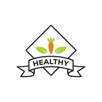 Logo-Vektordesign für gesunde Lebensmittel mit grünem Blatt und Karottensymbolillustration im Kastenrahmen mit Band, um Text zu setzen vektor