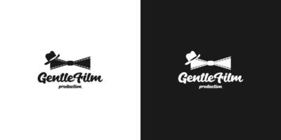 Filmstreifen, Filmrolle, die eine Fliege mit einem schicken Hut darauf bildet. Vintage Retro-Film-Kino-Logo-Design-Vorlage vektor