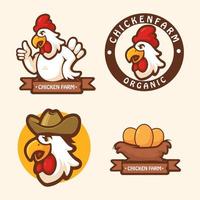 Huhn-Logo. Bio-Bauernhof-Lebensmittel-Logo, das Eier und Vogel-Hähnchen-Karikatur-Vektor-Illustration kocht vektor