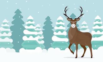 en stor ren står på en snödriva i skogen. renar med stora horn. snöig skog. vektor illustration
