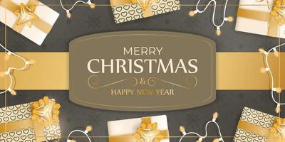 Frohe Weihnachten und ein glückliches neues Jahr Banner in brauner Farbe. Hintergrund mit Geschenken, Girlanden und Glühbirnen. Vektor-Illustration. vektor