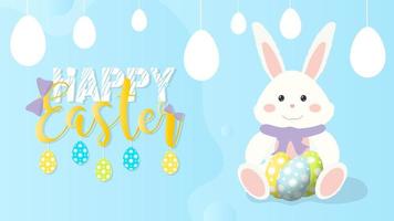 Frohe Ostern blaues Banner. weißes Kaninchen mit bunten Ostereiern. Vektor-Illustration. vektor