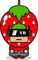 Vektor-Cartoon-Figur niedliches Erdbeerfrucht-Maskottchen-Kostüm, das ein Virtual-Reality-Spiel spielt vektor