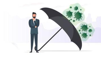 Ein virengeschützter Geschäftsmann ist unter einem Regenschirm versteckt. Virenangriff auf Unternehmen. Vektor-Illustration vektor