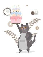 Lustige Katze hält einen festlichen Cupcake. Süßigkeiten mit Sahne, Muffin, festliches Dessert, Süßwaren. gut für alles Gute zum Geburtstagskarten. Vektor flacher Stil.