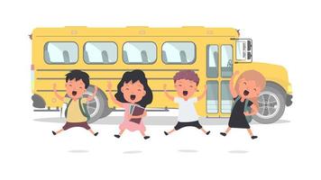 glada barn och en skolbuss. barn går i skolan. gul buss till skolan. isolerat. vetkor. vektor