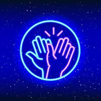 applaudieren und gratulieren. klatschen Sie Design in Luft mit Neonlichtern. Lineares Hand-Erfolgskraft-Design. leuchtendes Neon-Handshake-Zeichen im Weltraum. einzigartiges und realistisches Neon-Symbol. lineares Symbol auf blauem Hintergrund. vektor