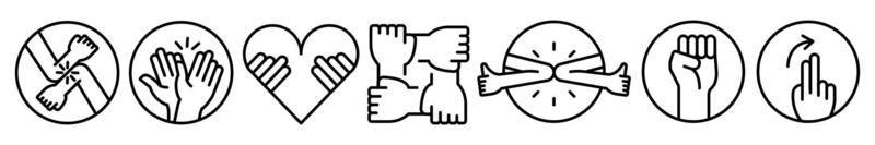 Ellenbogen-Händedruck, Handschlag, Handfaust im Herzen und so weiter Icon-Design. lineares handbezogenes Icon-Design. Hand-Herz-, Ellbogen- und Fingerzeichen im Raum. einzigartiges und realistisches Symbolsymbol. lineares Symbol. vektor