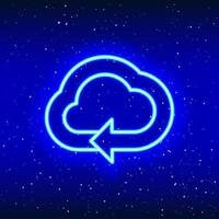 lineares Neondesign des beweglichen Pfeils in der Wolke. Neonwolke. Wolke am Markierungspfeil. Wetter im Weltraum mit Neon. einzigartiges und realistisches Neon-Symbol. lineares Symbol auf blauem Hintergrund. vektor