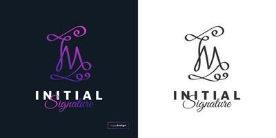 abstraktes und elegantes Logo-Design des Buchstaben m mit Handschriftstil in violettem Farbverlauf. m Signaturlogo oder Symbol für die Geschäftsidentität vektor
