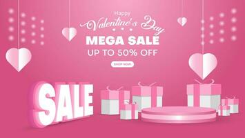 Valentinstag Verkauf Banner Hintergrund mit realistischem Podium, Geschenkbox und Herzobjekt vektor