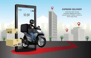 liefern das Paket mit dem Motorrad. Express-Lieferservice per mobiler App. schnelle Möglichkeit, einen Artikel zu versenden. Abbildung verziert mit, Box, Gebäude, Baum, Himmel. Motorradfahrer über ein Smartphone. vektor