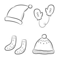 handgezeichnete Winterkleidung. süße Kritzeleien Fäustlinge, Hut und Socken. Vektor-Illustration isoliert auf weißem Hintergrund vektor