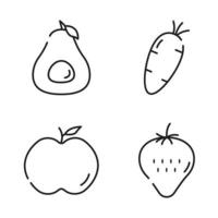 uppsättning ikoner hälsosam mat i linjär stil. svart linje ikoner av avokado, morot, äpple och jordgubbe. vektor illustration på vit bakgrund