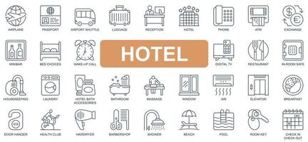 hotell koncept enkel linje ikoner set. packa konturpiktogram av pass, flygplats, bagage, reception, utbyte, restaurang, städning och annat. vektorsymboler för webbdesign och mobilappdesign vektor