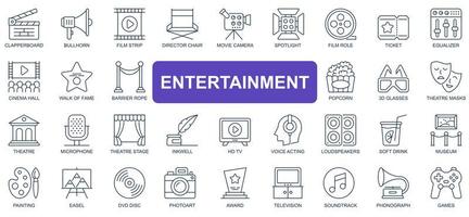 Unterhaltungskonzept einfache Linie Icons Set. Packen Sie Umrisspiktogramme von Filmklappe, Megaphon, Film, Film, Kamera, Ticket, Kinosaal und anderen. Vektorsymbole für Website- und mobile App-Design